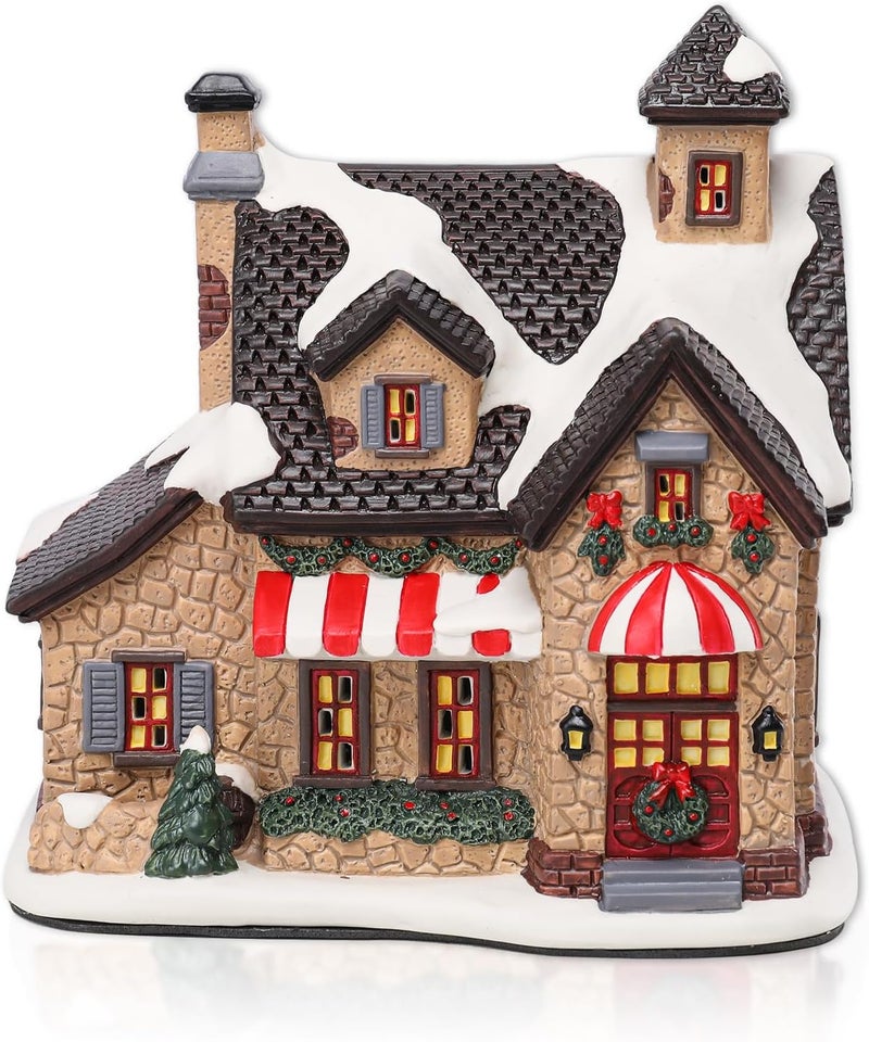 VCUTEKA Christmas Village House Lighted Indoor Decorations Gingerbread House with LED Light Christmas Village Collectible Buildings Figurines Ceramic Shop House Light up Figurine for Holiday Xmas Decor - Image 1
